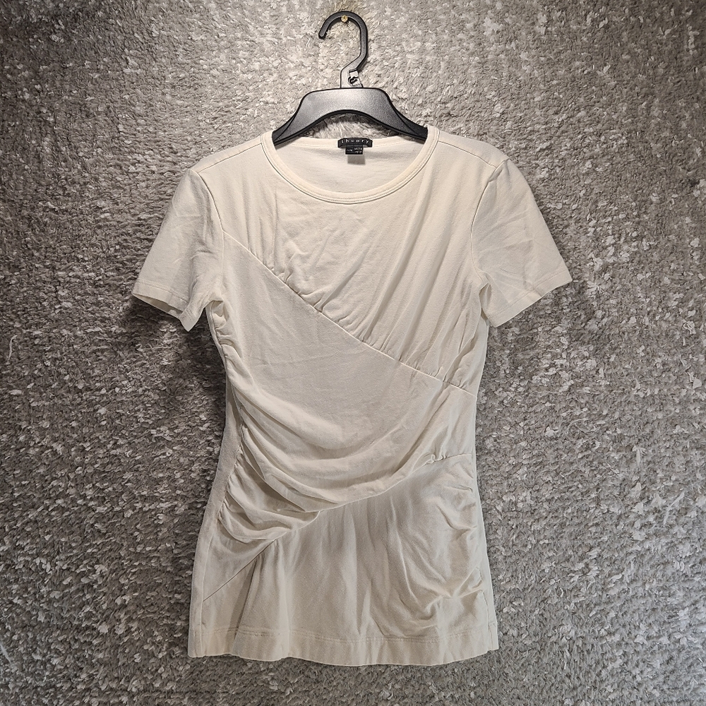 Theory Blouse T Shirt Womens Petite Pima Cotton Ruched Cap Sleeve White
